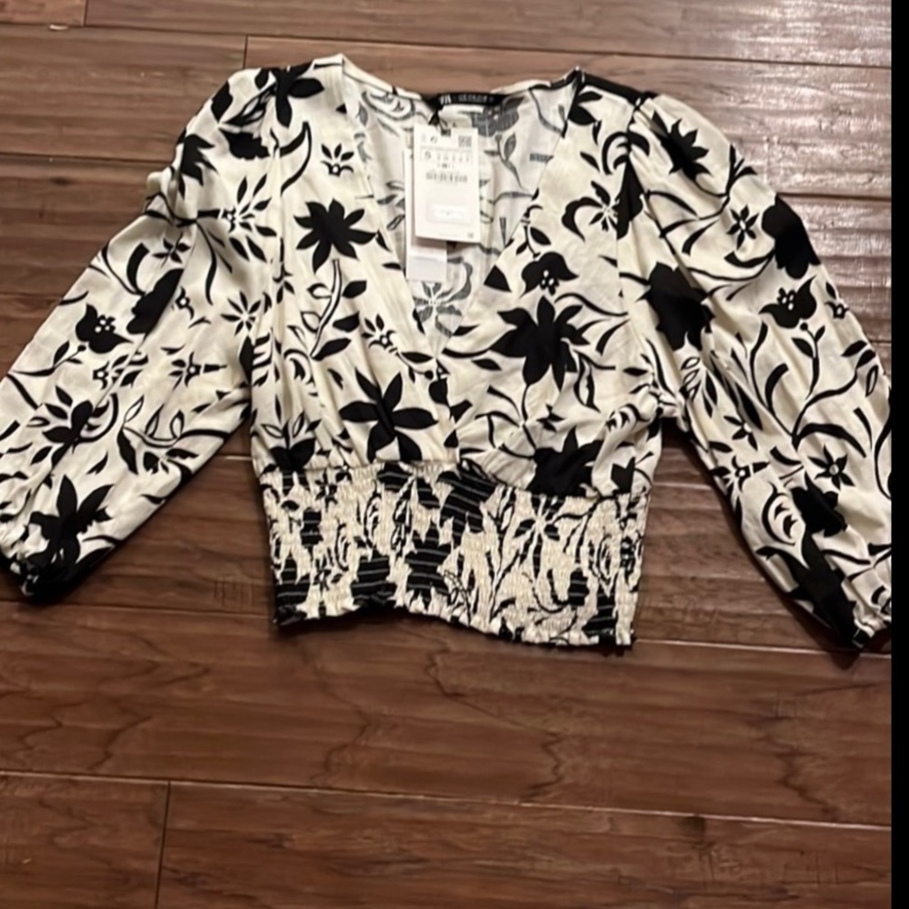 ZARA Linen Blend Black and White Long Sleeve Shirt Size S